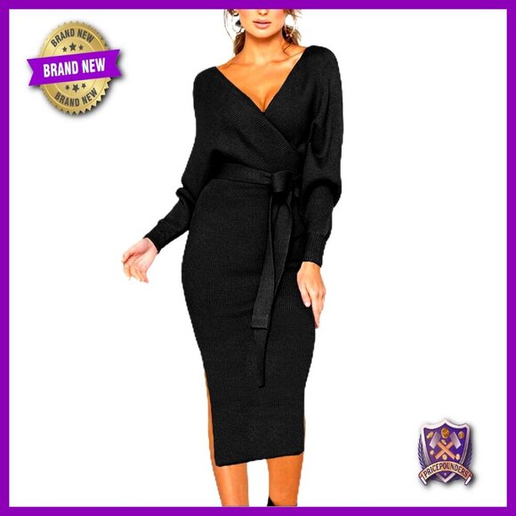Dresses & Skirts - V-Neck Batwing Sleeve Backless Bodycon Midi Dress with Belt
